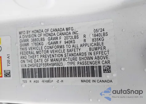 2024 Honda Civic Sport из США, поврежденный, VIN 2HGFE2F55RH585923